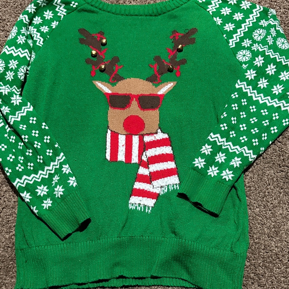 Well Worn Green Too Cool Reindeer with Jingle Bells Sweater Size XL